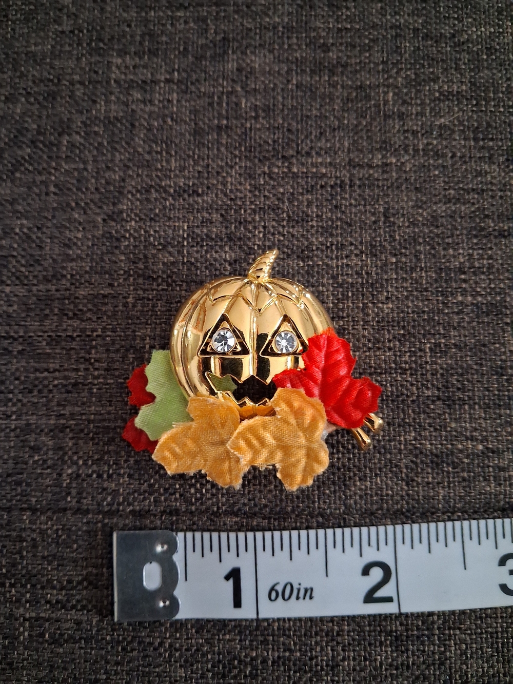 Avon Gold Pumpkin Brooch with Red and Yellow Leaves